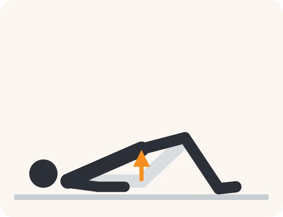 Line drawing of the bridge exercise: the faded figure is the start, the dark figure is the finish, and the orange arrow shows the movement.