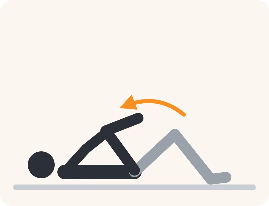 Line drawing of the knee to chest exercise: the faded figure is the start, the dark figure is the finish, and the orange arrow shows the movement.