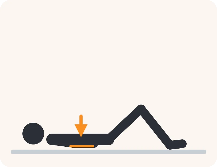 Line drawing of the pelvic tilt exercise: the faded figure is the start, the dark figure is the finish, and the orange arrow shows the movement.