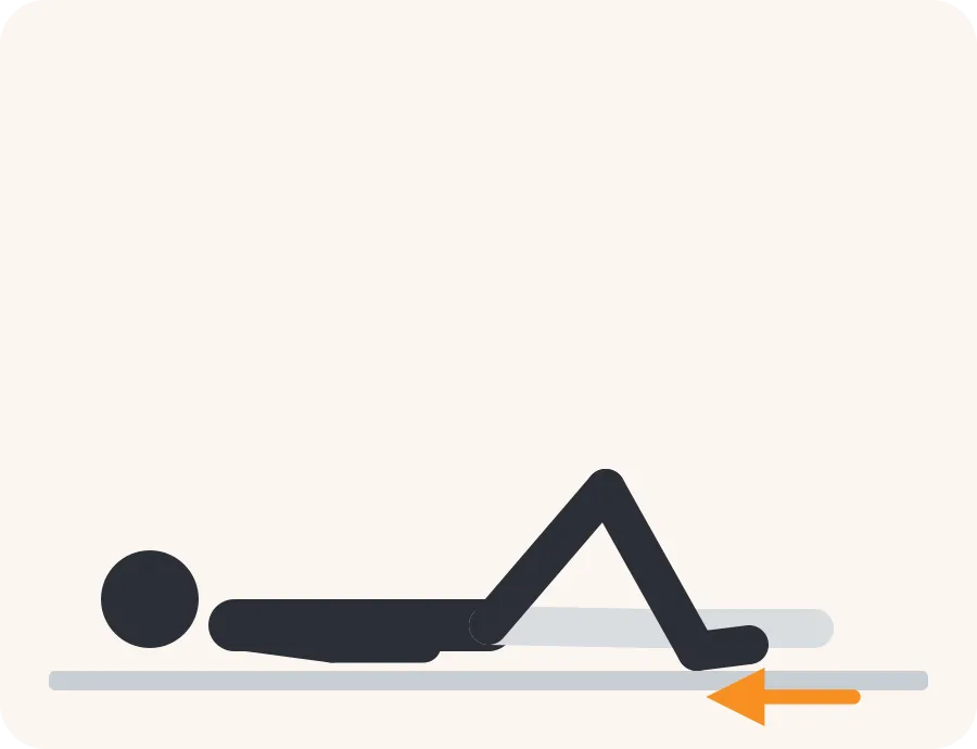 Line drawing of the heel slide exercise: the faded figure is the start, the dark figure is the finish, and the orange arrow shows the movement.