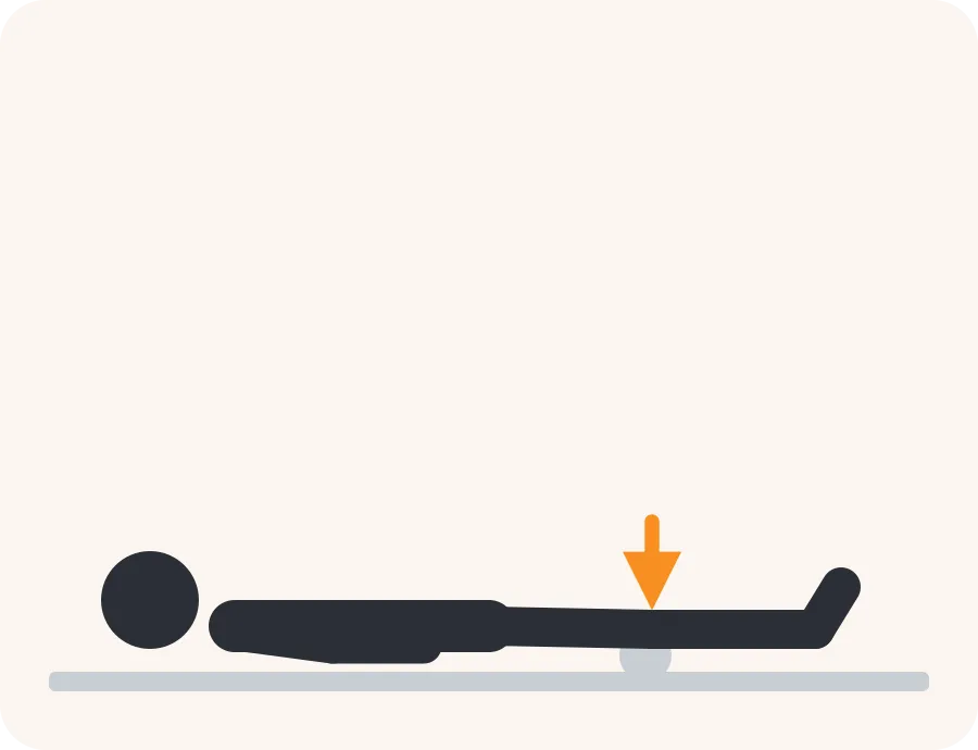 Line drawing of the thigh squeeze (quad set) exercise: the faded figure is the start, the dark figure is the finish, and the orange arrow shows the movement.