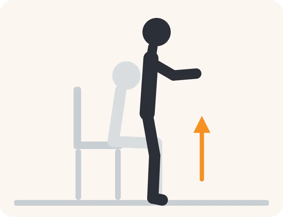 Line drawing of the sit to stand exercise: the faded figure is the start, the dark figure is the finish, and the orange arrow shows the movement.