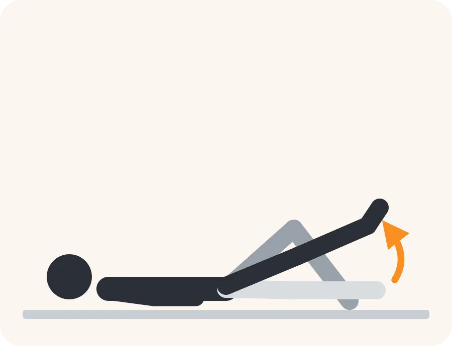 Line drawing of the straight leg raise exercise: the faded figure is the start, the dark figure is the finish, and the orange arrow shows the movement.
