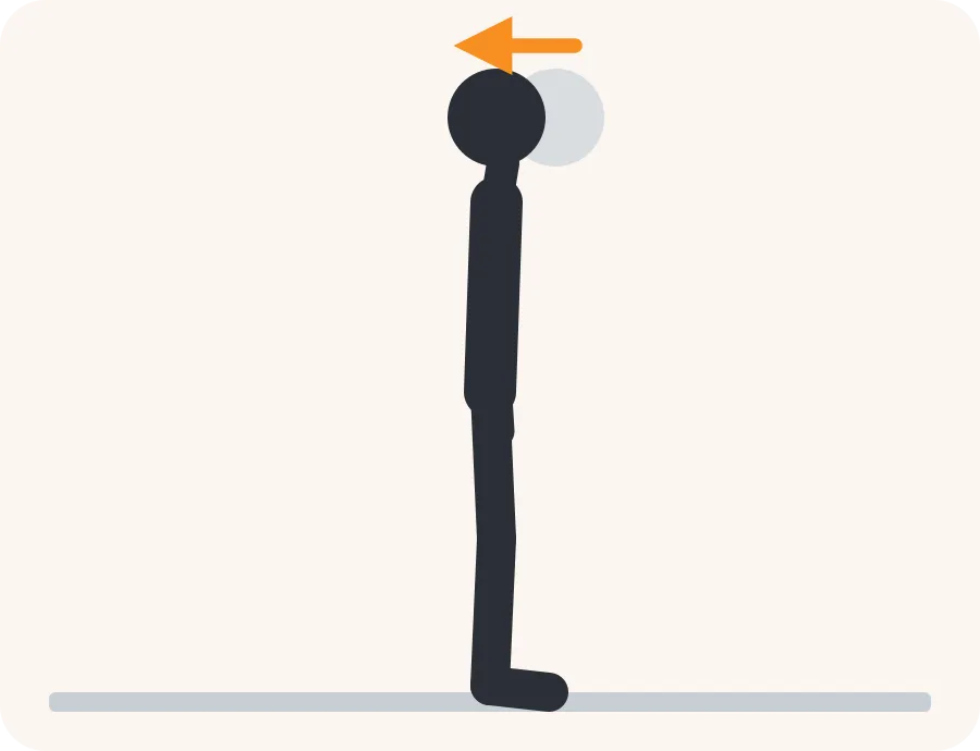Line drawing of the chin tuck exercise: the faded figure is the start, the dark figure is the finish, and the orange arrow shows the movement.