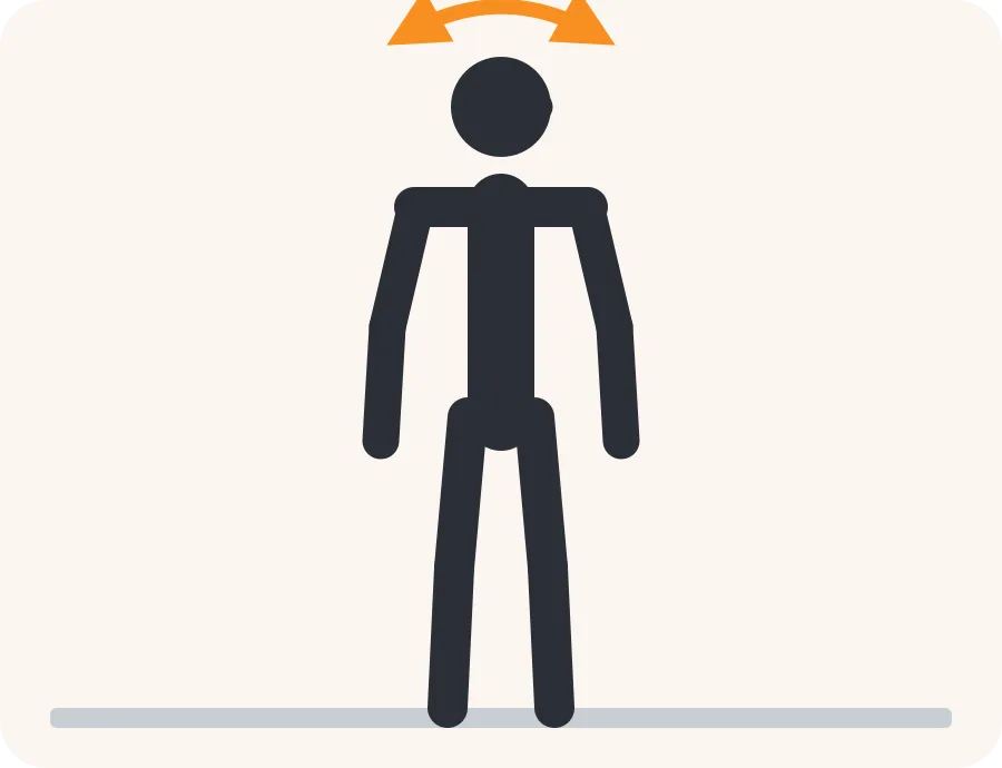 Line drawing of the neck turn exercise: the faded figure is the start, the dark figure is the finish, and the orange arrow shows the movement.
