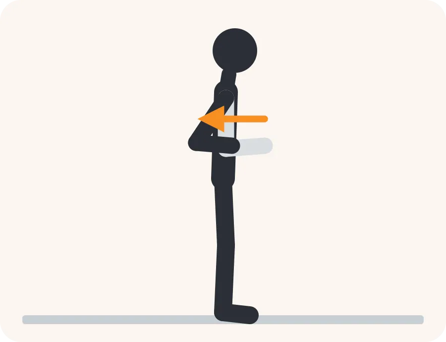 Line drawing of the shoulder blade squeeze exercise: the faded figure is the start, the dark figure is the finish, and the orange arrow shows the movement.