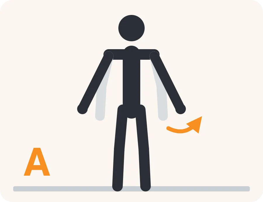 Line drawing of the A press exercise: the faded figure is the start, the dark figure is the finish, and the orange arrow shows the movement.