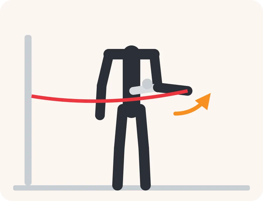 Line drawing of the outward turn with band exercise: the faded figure is the start, the dark figure is the finish, and the orange arrow shows the movement.