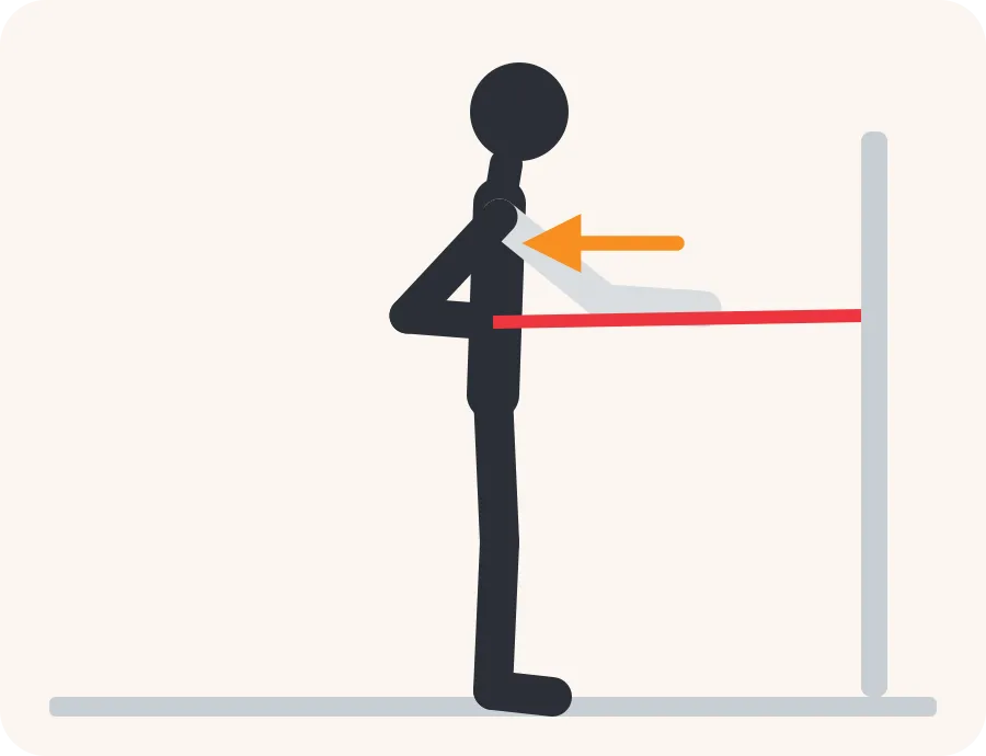 Line drawing of the band row exercise: the faded figure is the start, the dark figure is the finish, and the orange arrow shows the movement.