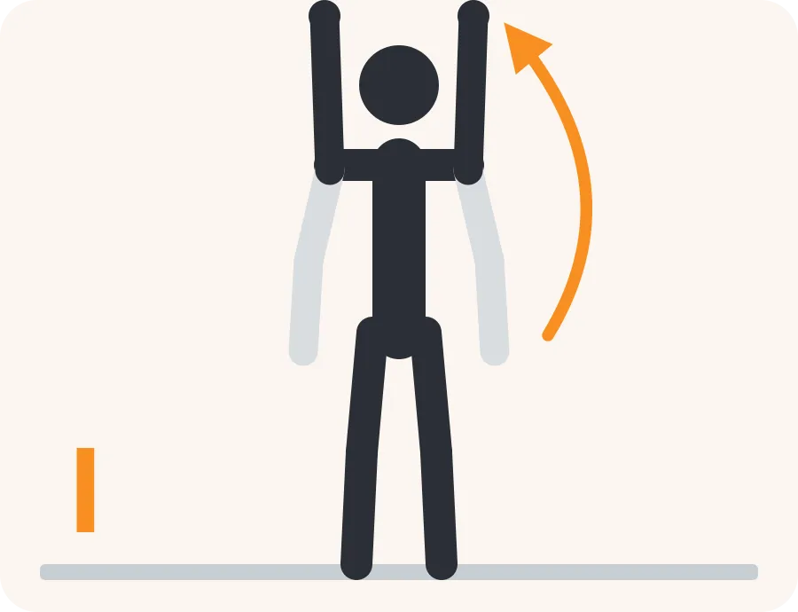 Line drawing of the I raise exercise: the faded figure is the start, the dark figure is the finish, and the orange arrow shows the movement.