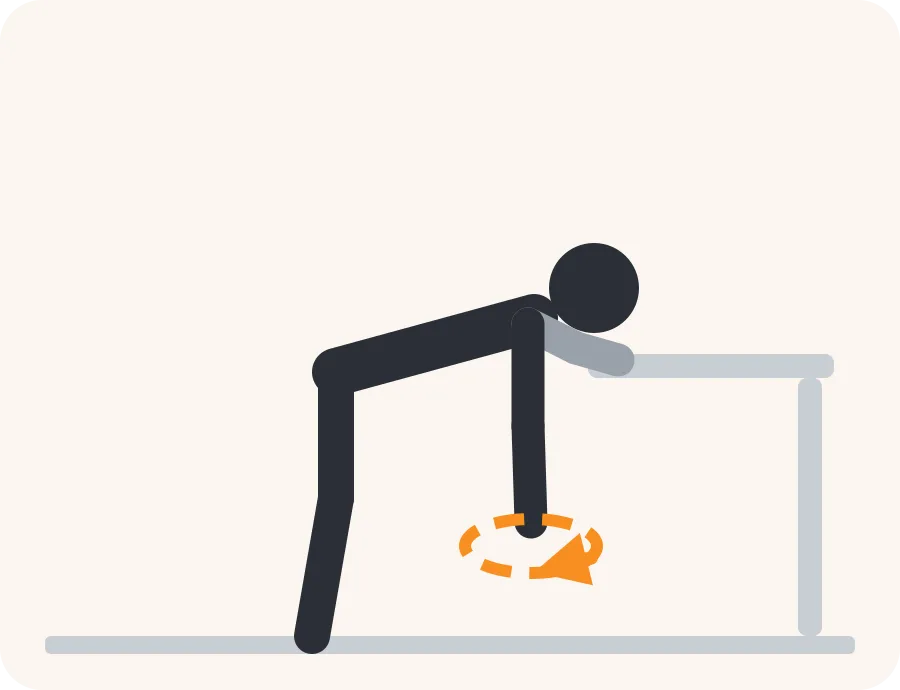 Line drawing of the pendulum exercise: the faded figure is the start, the dark figure is the finish, and the orange arrow shows the movement.