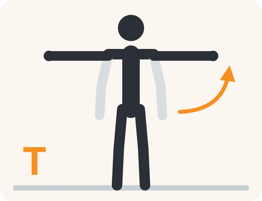Line drawing of the T raise exercise: the faded figure is the start, the dark figure is the finish, and the orange arrow shows the movement.