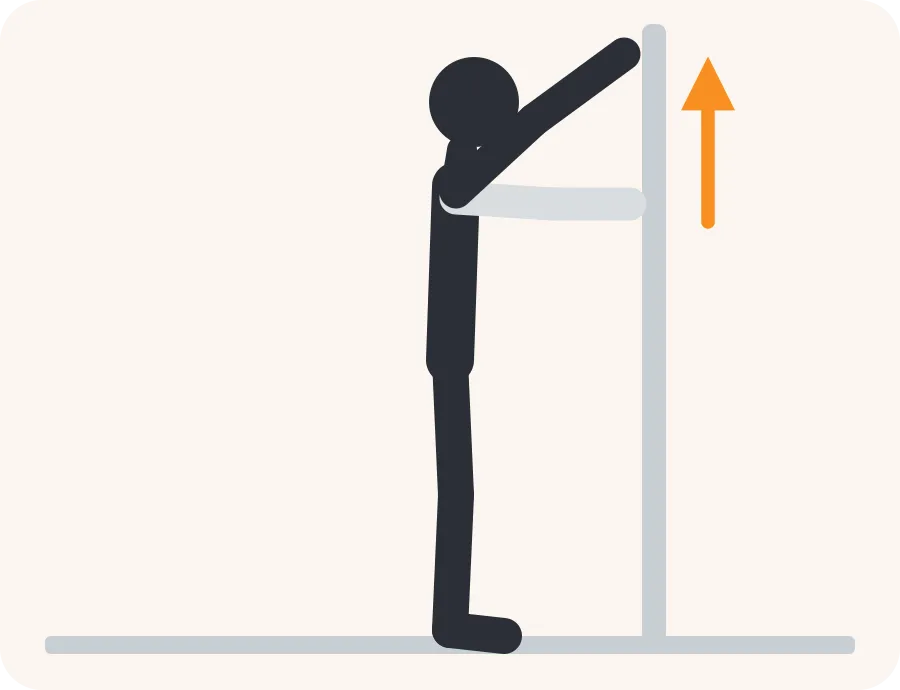 Line drawing of the wall walk exercise: the faded figure is the start, the dark figure is the finish, and the orange arrow shows the movement.